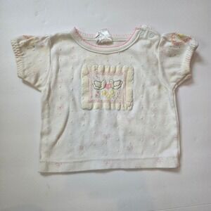 VTG Small Stars‎ Baby Girl Top 12 Months White Pink Love Birds Bows Short Sleeve
